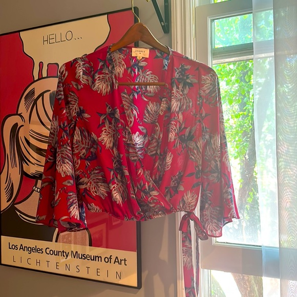 FREE SHIP Everly Floral Faux Wrap Cropped Top, Sz S - Picture 2 of 7